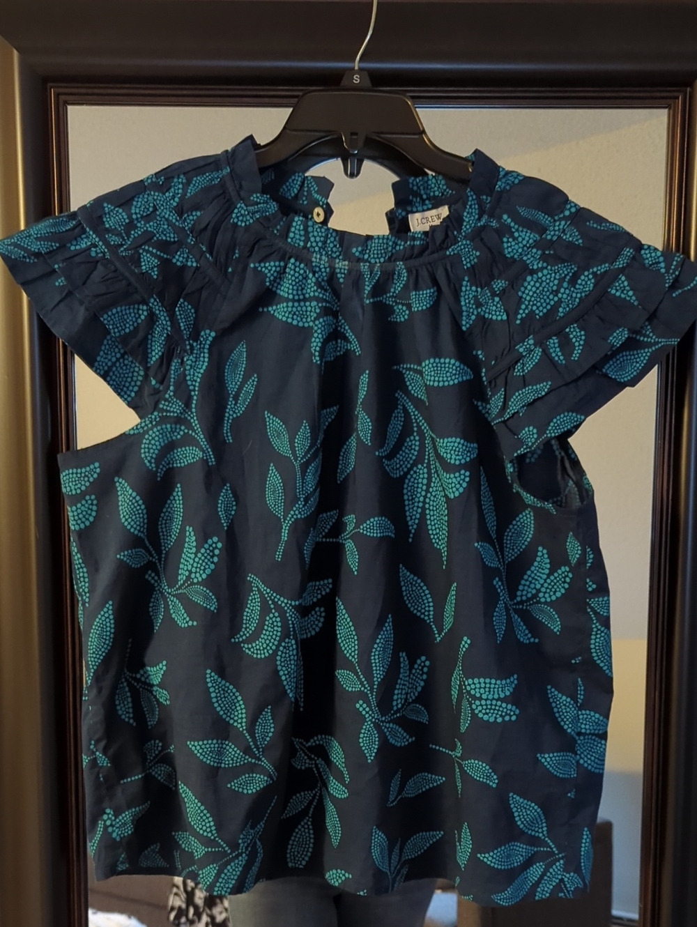 J. Crew Factor NWT Navy Top with Teal Leaf Print and Flutter Sleeves